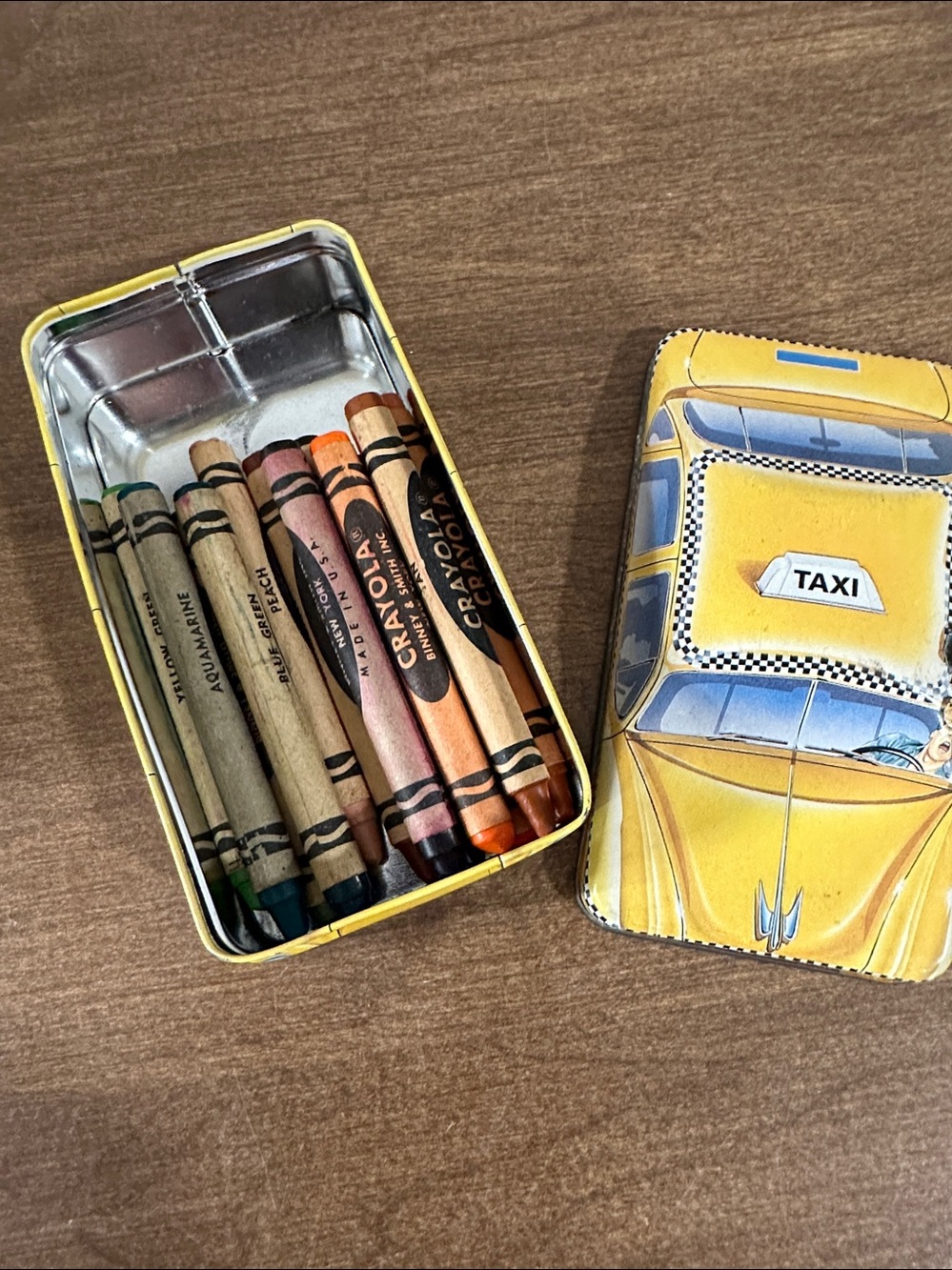 Vintage retired Crayola Crayons - seven with vintage taxi tin
